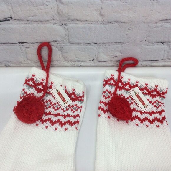 Farmhouse Christmas Stocking Knit Fair Isle Pattern w/PomPoms White/Red/Gray (2) - Picture 2 of 4